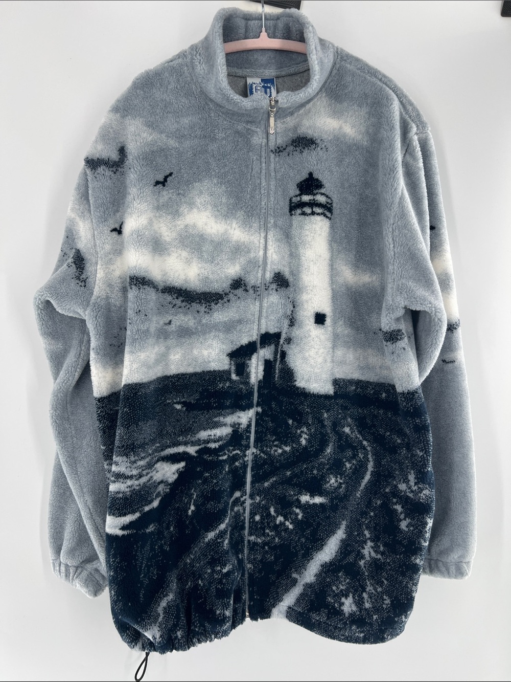 Vintage USA made Men's Gray Fleece Zip-Up Lighthouse All Around Art to Wear L
